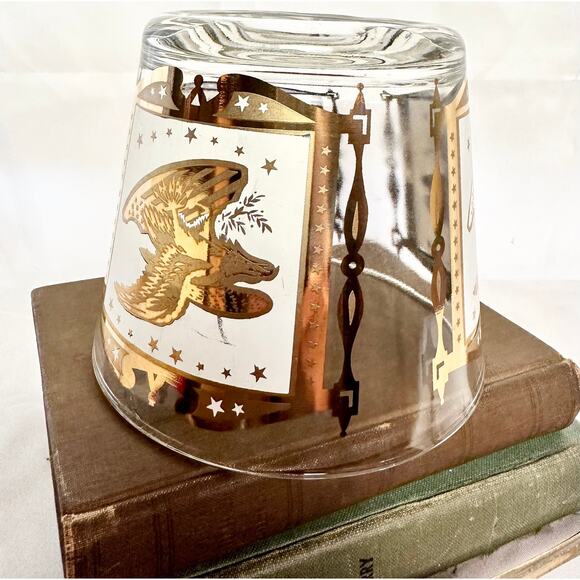 Vintage Glass Ice Bucket Gold Eagle pattern Gold holder and tongs - Picture 7 of 10